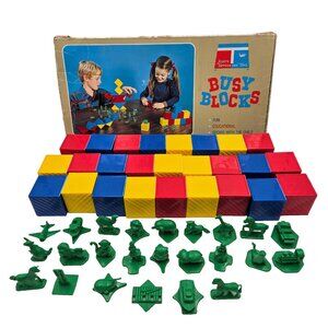 1970s Tupperware ABC Busy Blocks Missing I and R Green Figures Tupper Toys Box